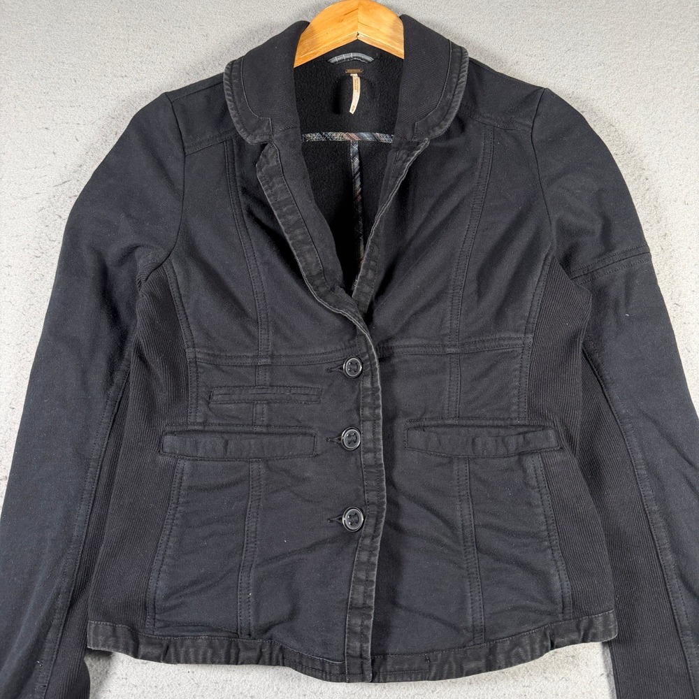 Free People Womens Black Cotton Blend Ribbed Panel Blazer Jacket Size M